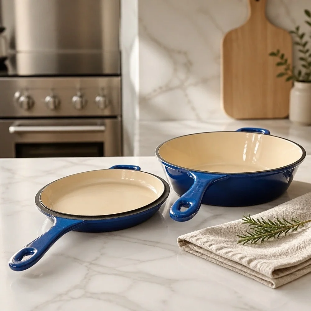 Blue Enameled Cast Iron Skillet Set 2 Piece Deep Pan and‎ Shallow Lid Skillet